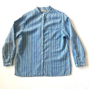 Blue striped linen button-up shirt with mandarin collar